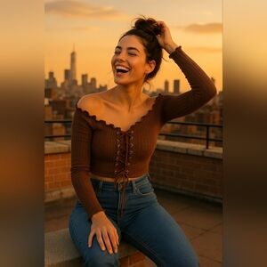 Front tie-knot off-shoulder Brown Crop Top Medium